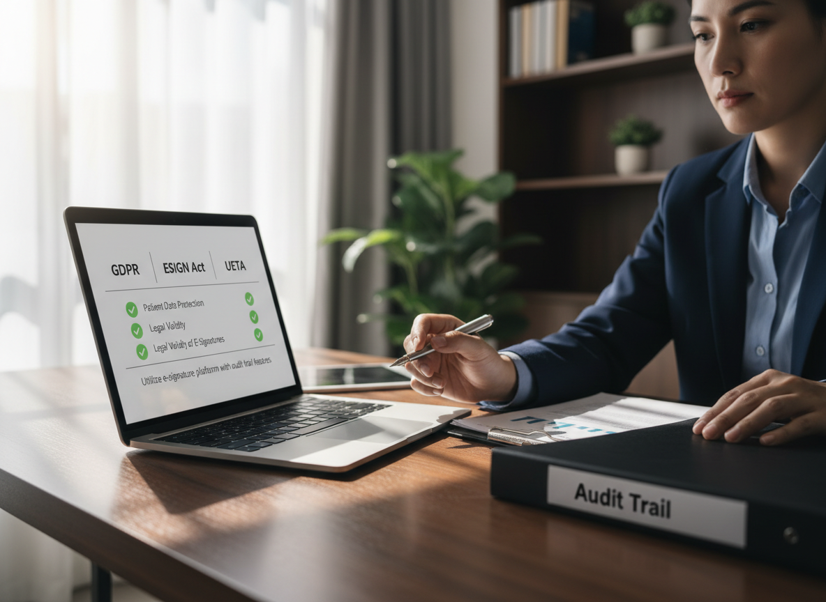 Compliance checklist displayed on a laptop screen in a legal office, featuring regulations like GDPR, HIPAA, ESIGN Act, and UETA with green checkmarks.
