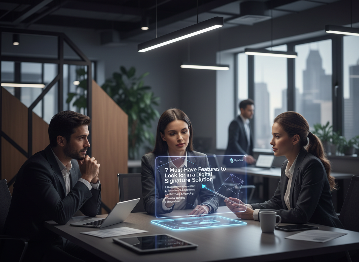 Professionals using an intuitive digital signature interface in a co-working space, highlighting user-friendly design and accessibility.