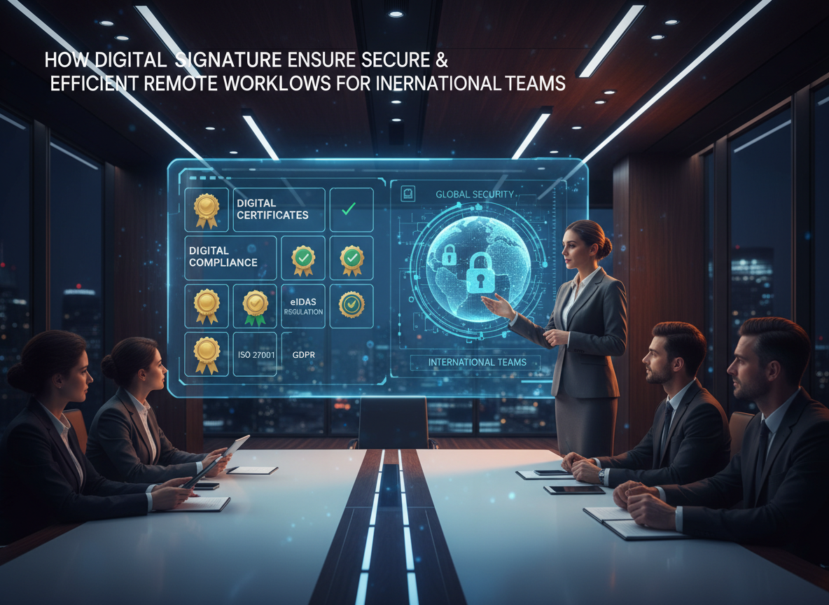 Executive presenting in a conference room with digital projection of compliance certificates, globe with padlocks symbolizing global security.