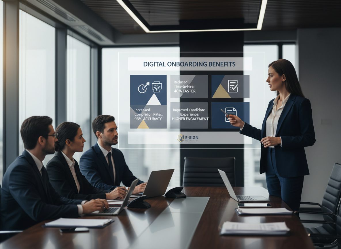 HR executive presenting an infographic with statistics on digital onboarding benefits in a corporate boardroom.
