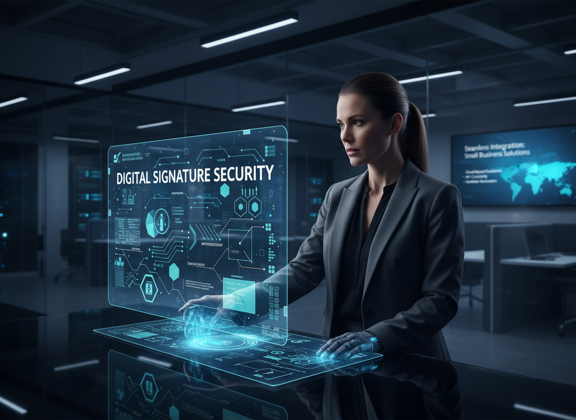 IT professional examining a holographic display of digital signature security features