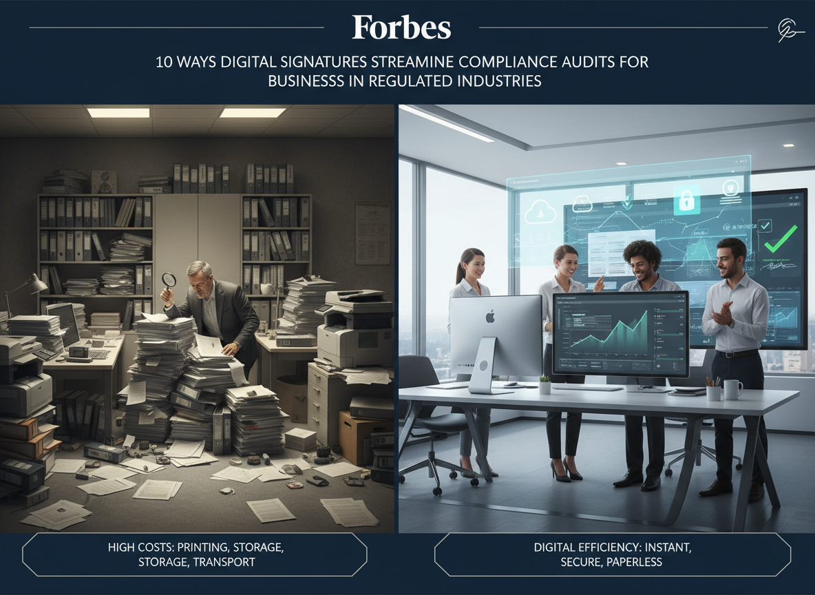 Side-by-side comparison of a cluttered paper-based office versus a streamlined digital workspace, highlighting cost savings such as printing and transportation.