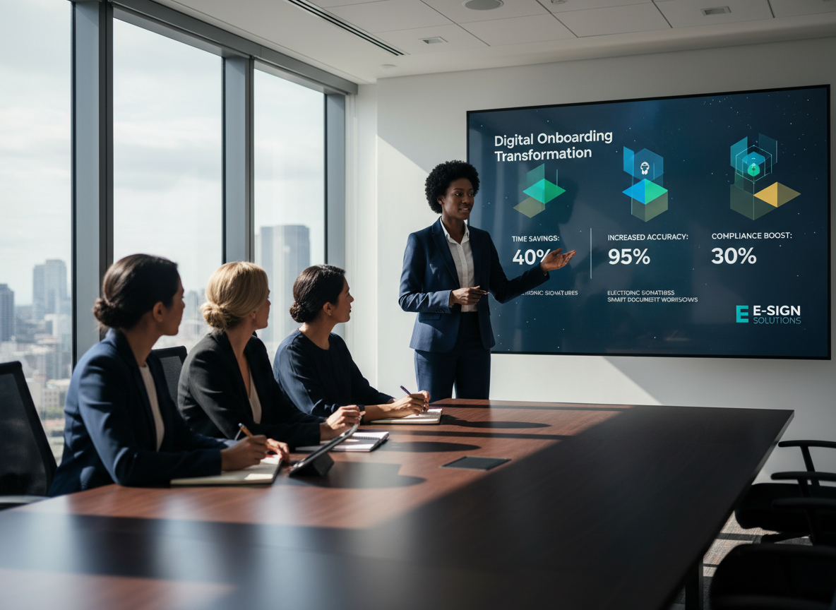 HR executive presenting an infographic with statistics on digital onboarding benefits in a corporate boardroom.