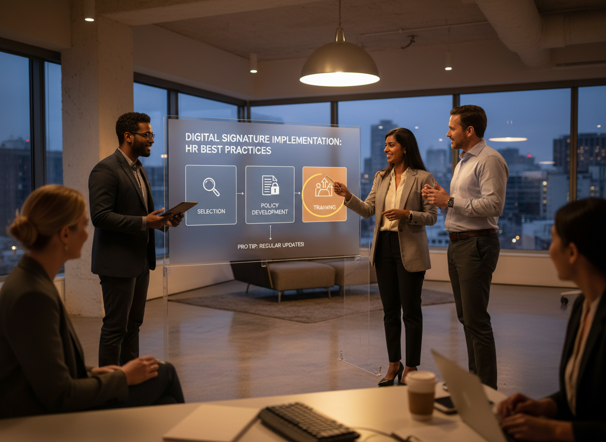 Infographic on a digital whiteboard showing best practices for digital signature implementation, surrounded by a collaborative HR team.