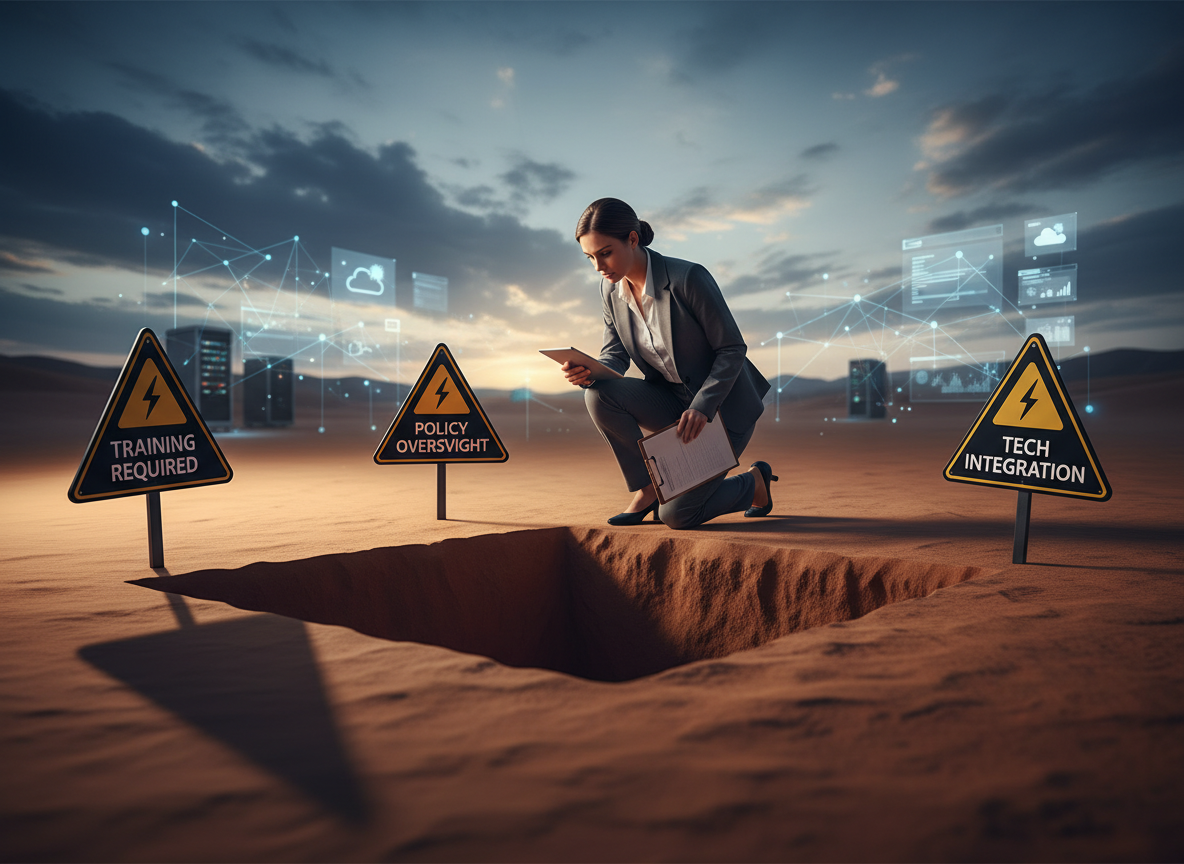 Desert pitfall with warning signs highlighting common mistakes in digital signature implementation, observed by an HR professional.