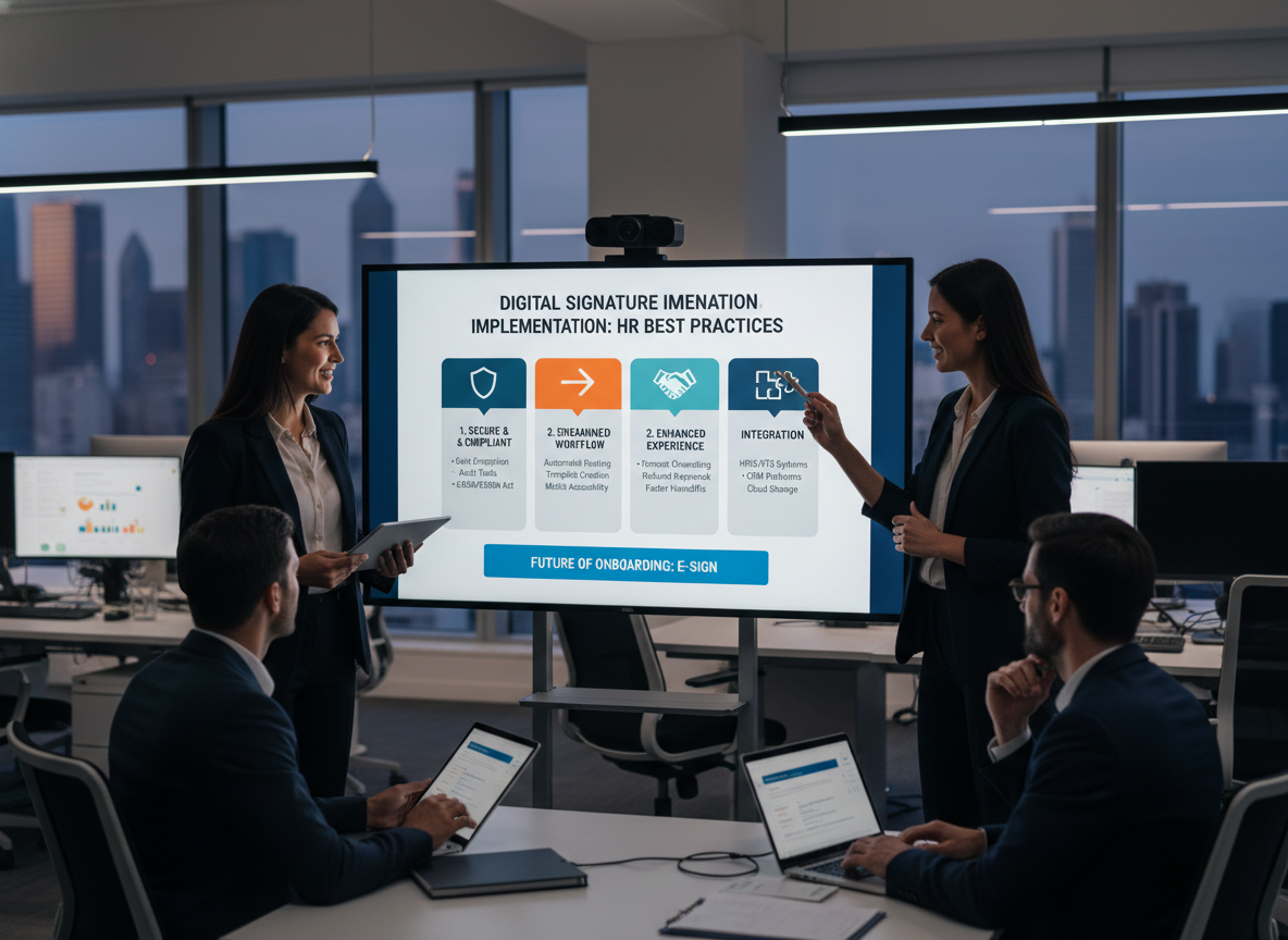 Infographic on a digital whiteboard showing best practices for digital signature implementation, surrounded by a collaborative HR team.
