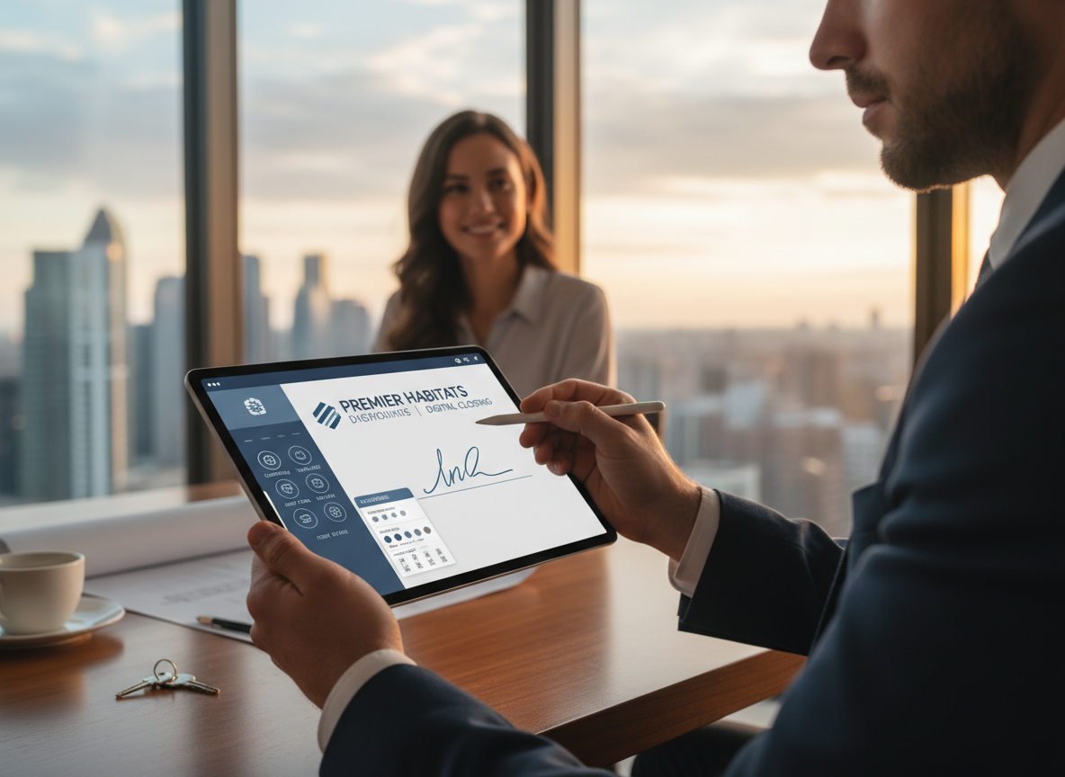 A branded digital signature interface on a tablet, emphasizing customization options and professional branding in a real estate setting.