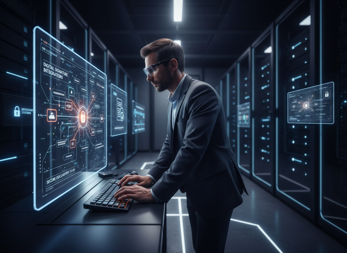 IT professional in a server room viewing a network diagram of digital signature integrations on a console.