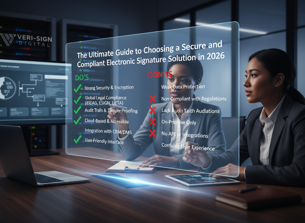 A digital checklist showing do's and don'ts for selecting an e-signature platform, with green checkmarks and red Xs for clear guidance.