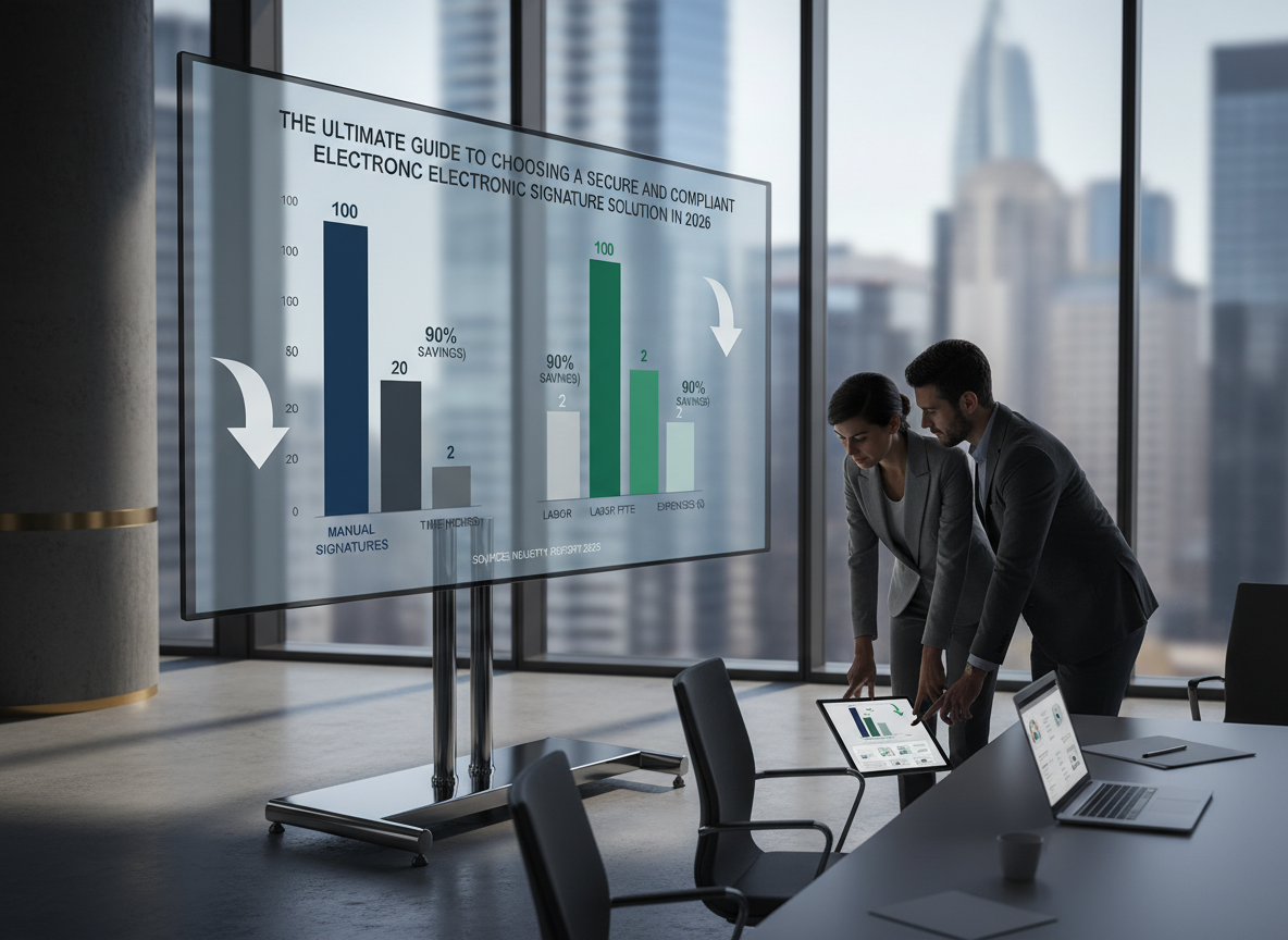 Side-by-side bar chart comparing the costs of manual vs digital signatures, highlighting savings in time, labor, and expenses.
