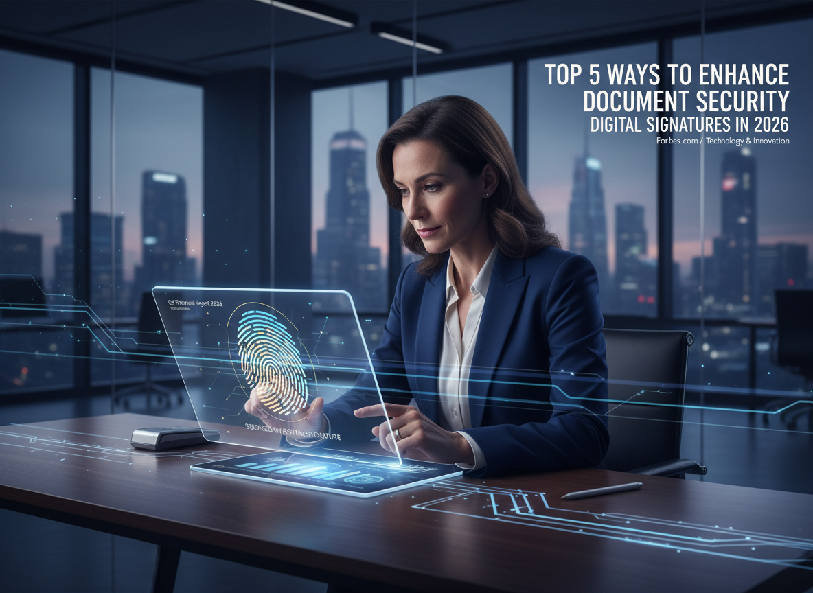 Business professional in a modern office examining a digital document with a glowing fingerprint overlay, symbolizing digital signature security.