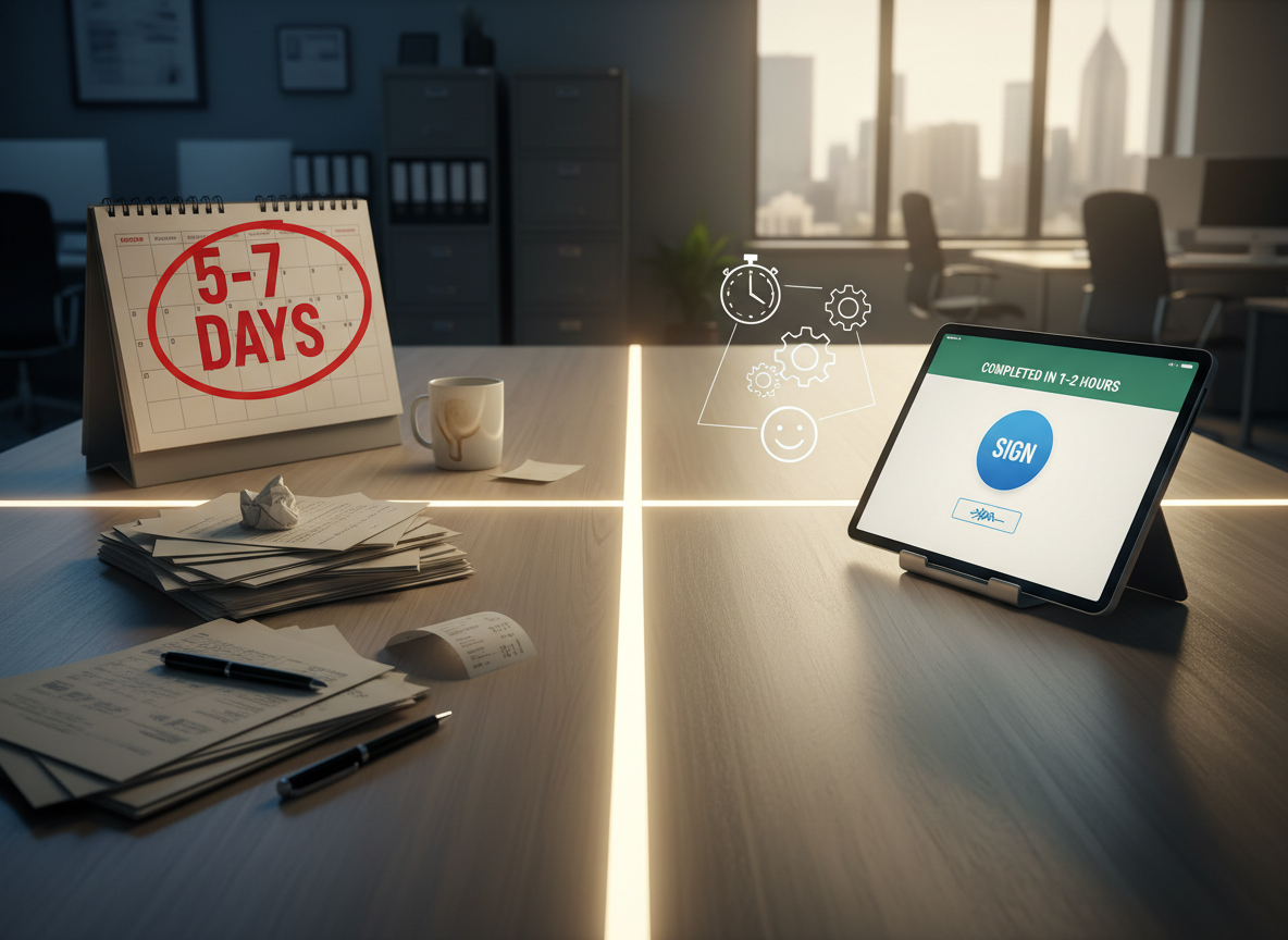 Side-by-side comparison of traditional paper workflows taking 5-7 days versus e-signature workflows completed in 1-2 hours, visually illustrating efficiency and speed.