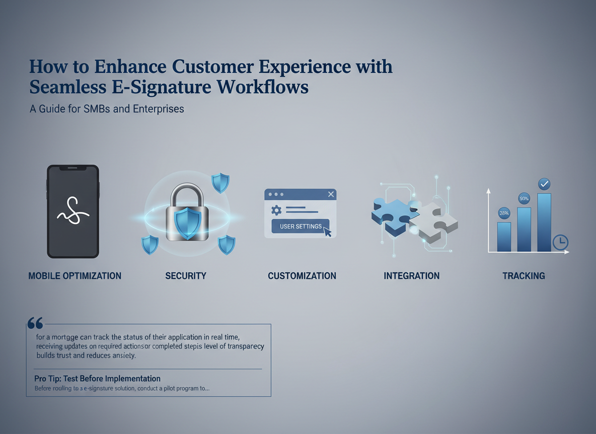 Infographic showcasing five essential features of e-signature workflows: mobile optimization, security, customization, integration, and tracking, with corresponding icons and labels.
