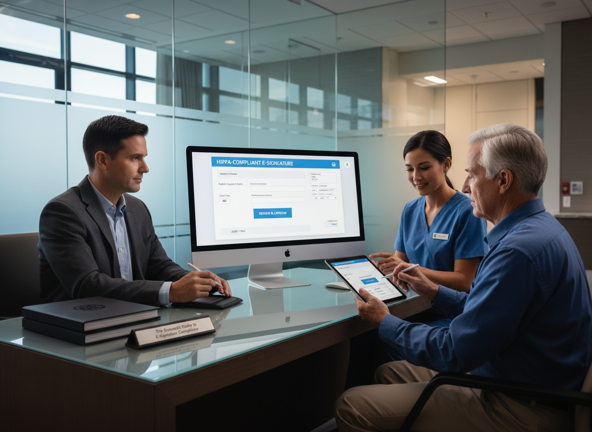A healthcare administrator reviews a HIPAA-compliant e-signature interface while a nurse assists a patient with signing a digital consent form.