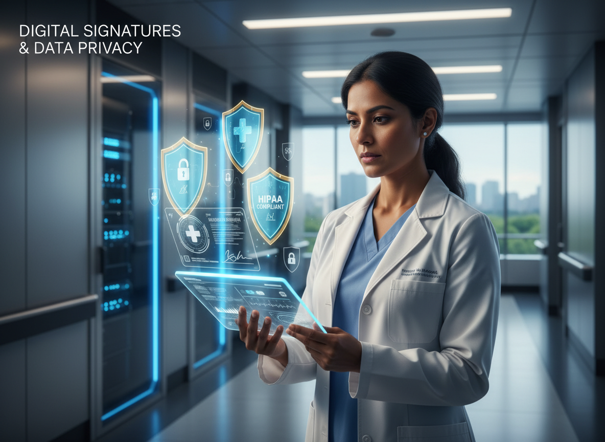 Doctor in a hospital corridor reviewing a digitally signed medical record with holographic shields signifying HIPAA-compliant data protection.