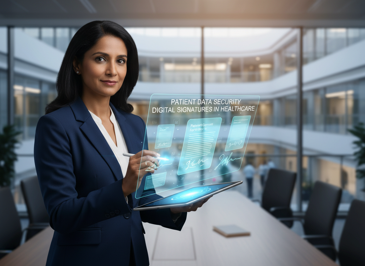 A healthcare administrator using a tablet with holographic digital signatures overlay.