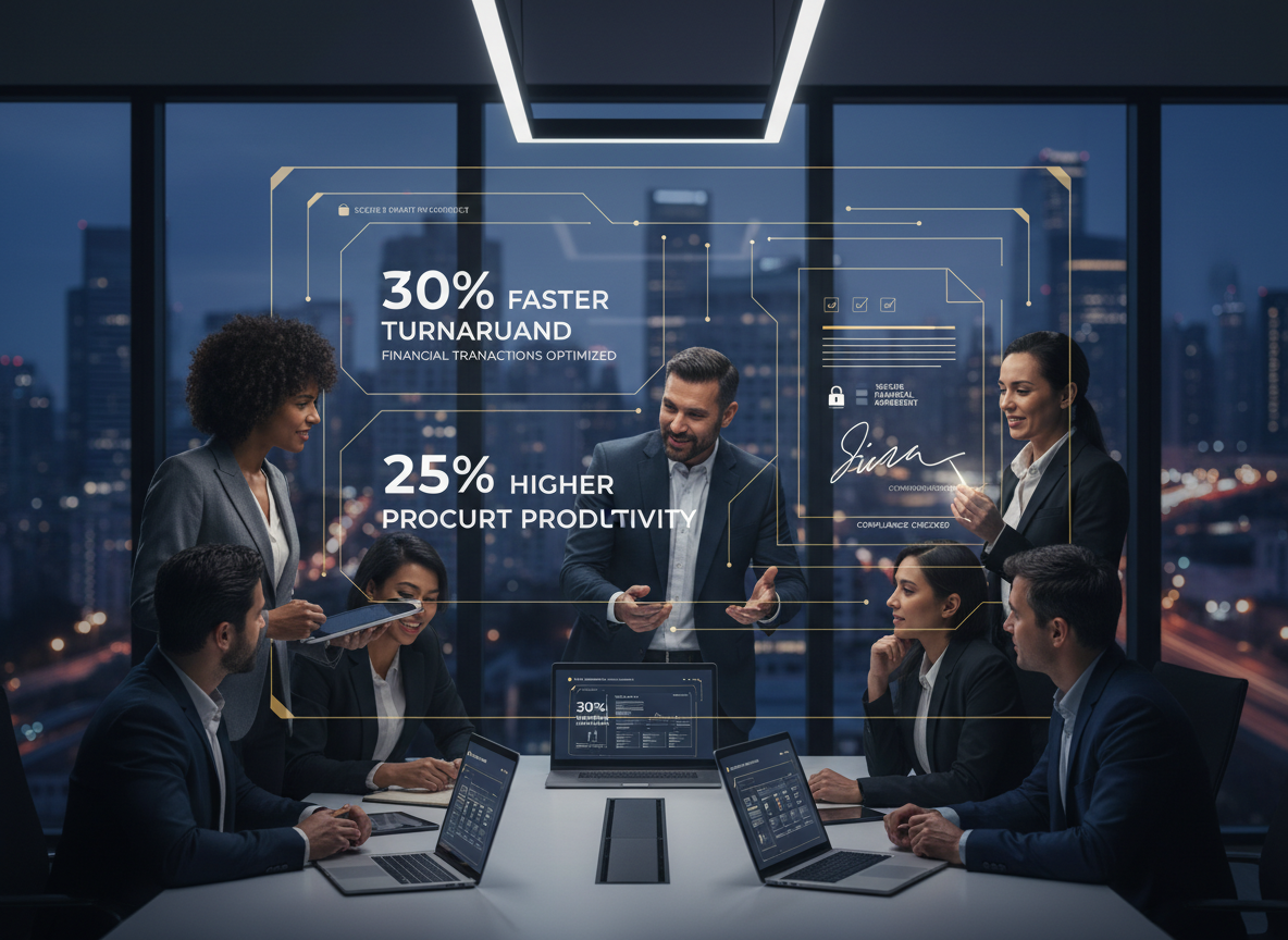A diverse team collaborates around a digital dashboard showing metrics like 30% faster turnaround and 25% higher productivity, with an e-signature in action.