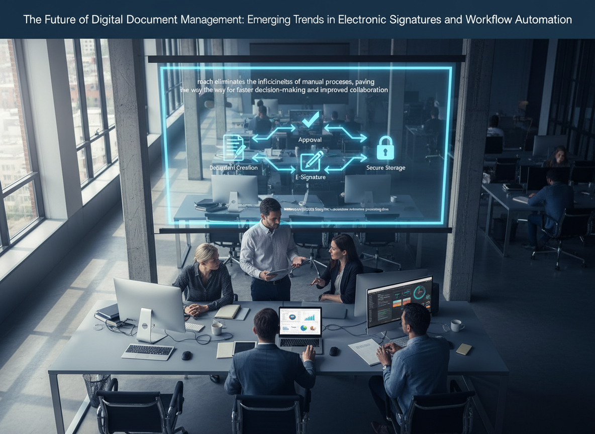 An overhead view of a co-working space with a digital whiteboard displaying an automated document workflow diagram, illustrating seamless integration.