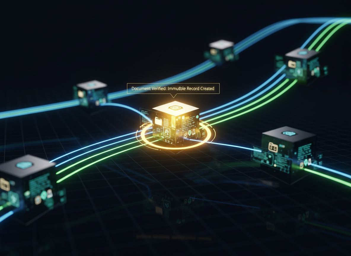 Glowing blockchain nodes in a dark digital space interconnected by neon lines, illustrating document verification and immutability.