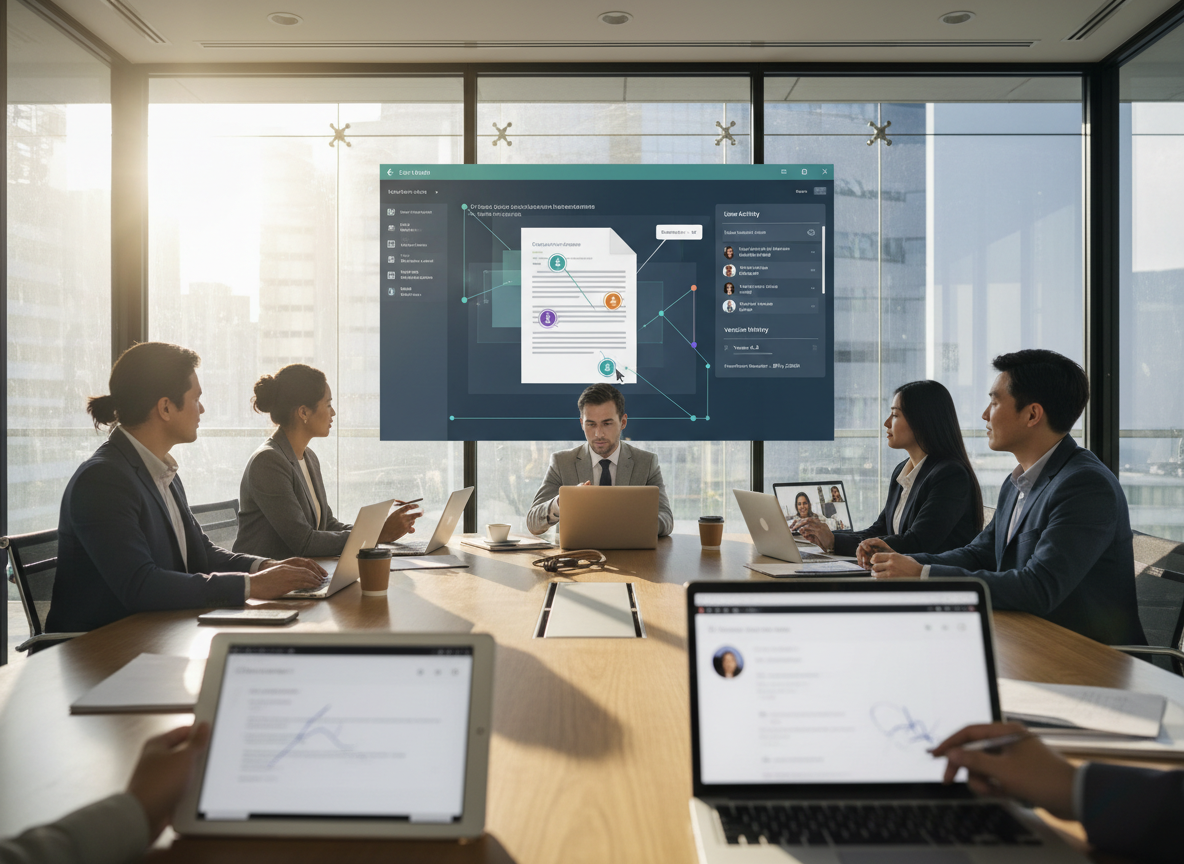 A cloud-based collaboration dashboard showing real-time editing, user activity, and version history in a hybrid office setting.