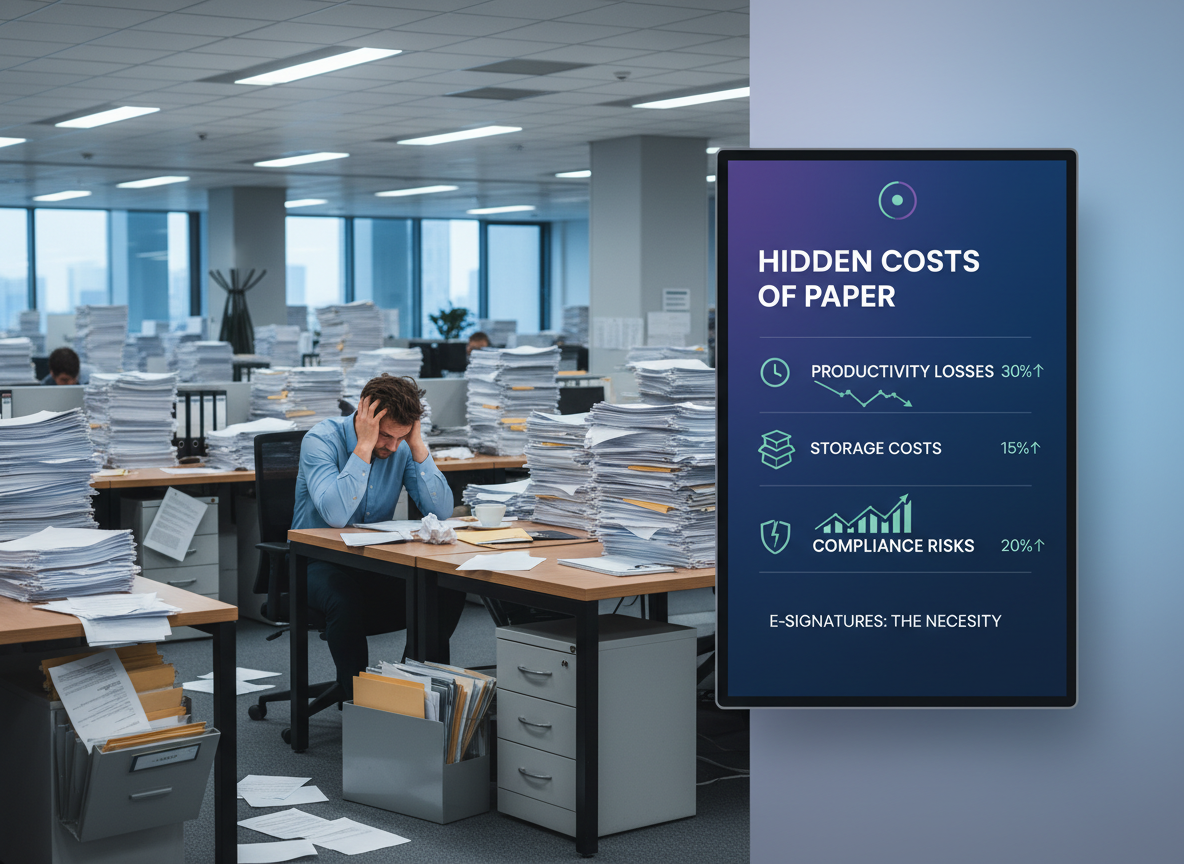 A striking comparison of chaotic paper-based workflows versus efficient digital solutions, highlighting productivity losses, storage costs, and compliance risks.