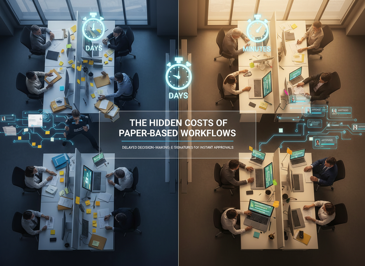 A side-by-side visual comparison of a slow paper-based approval process and a fast e-signature-enabled workflow, showcasing significant time savings.