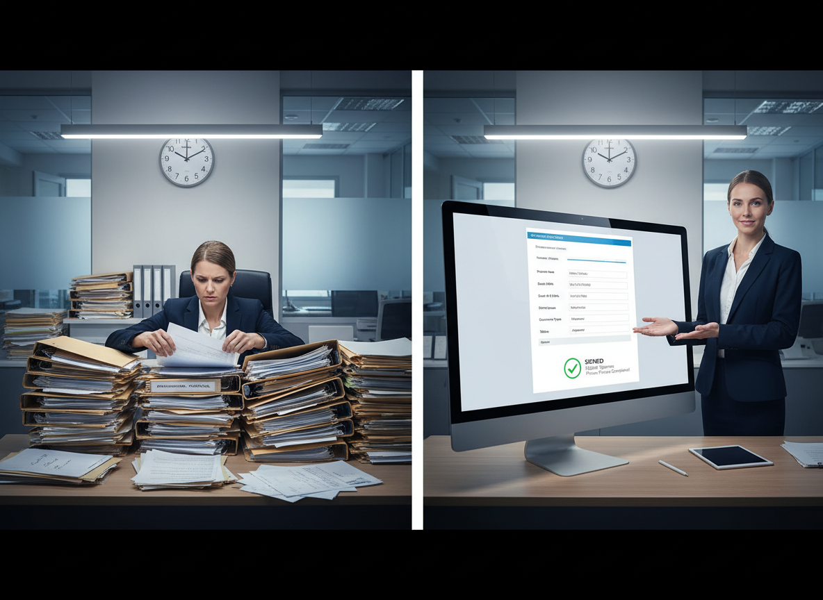 Comparison of traditional paper-based workflow and digital signature process in a hospital setting showing time and cost savings.