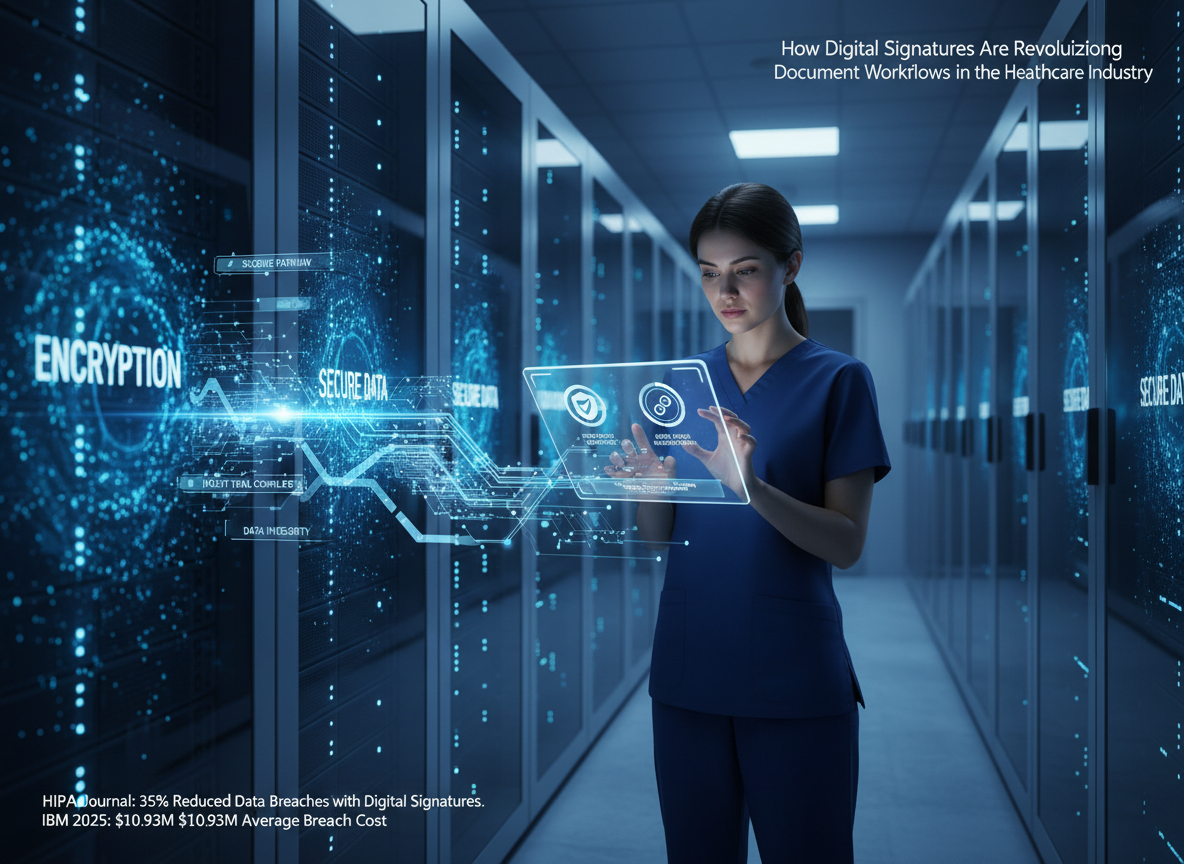 Visual representation of HIPAA-compliant digital signature features with encryption, identity verification, and audit trails in a healthcare context.