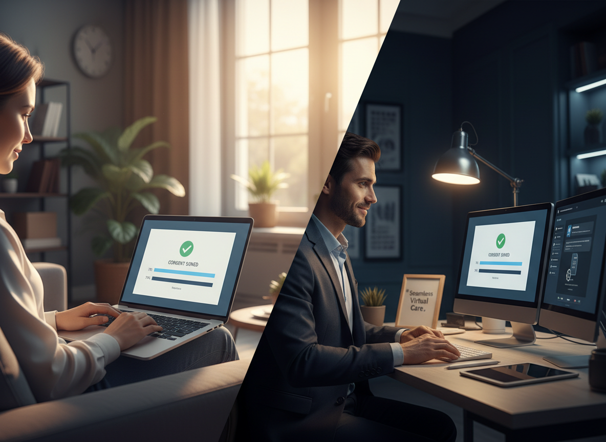 Chart showing patient satisfaction scores before and after digital signature implementation in telehealth, with a telehealth consultation scene.