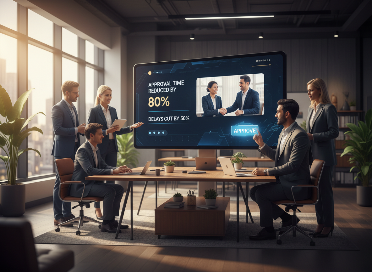 A finance team collaborating in an open-plan office with a dashboard showing metrics like reduced approval times and delays, symbolizing the benefits of digital signatures.