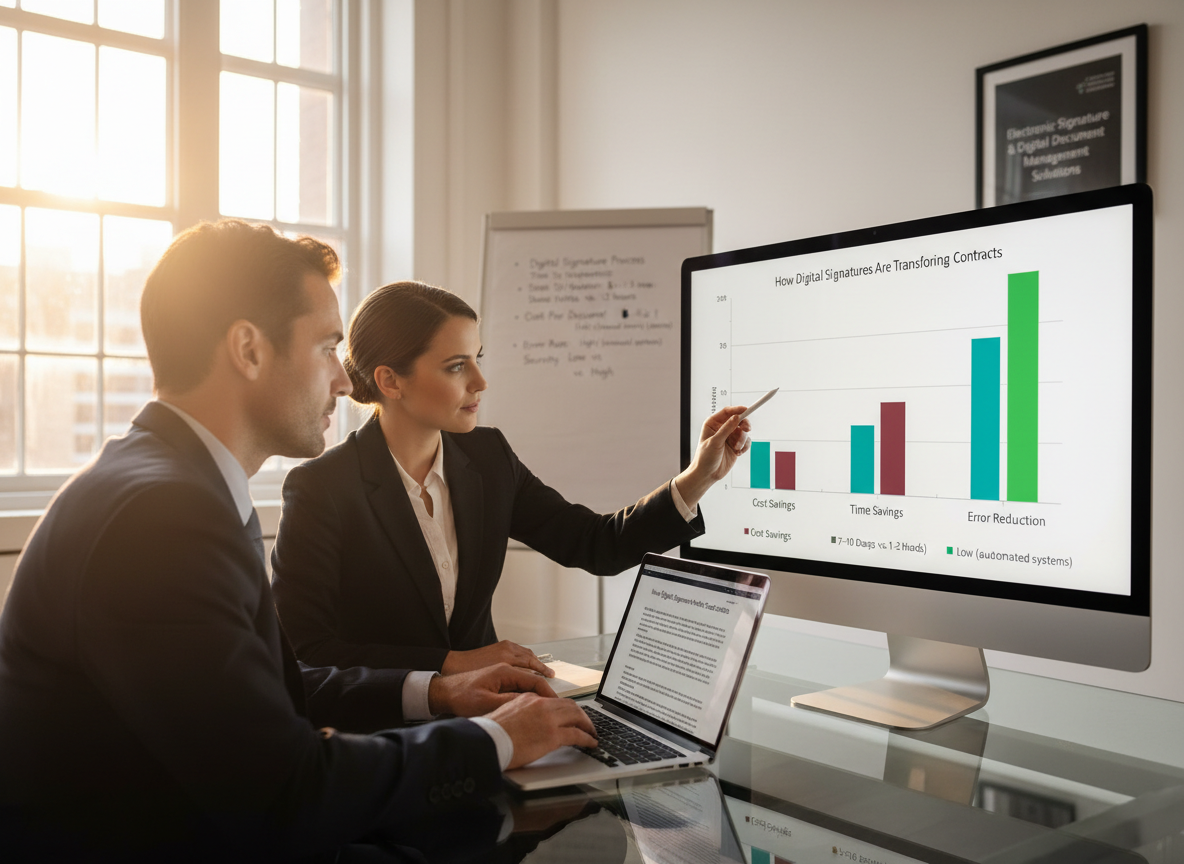 Bar graph comparing cost savings, time savings, and error reduction between traditional methods and digital signatures.