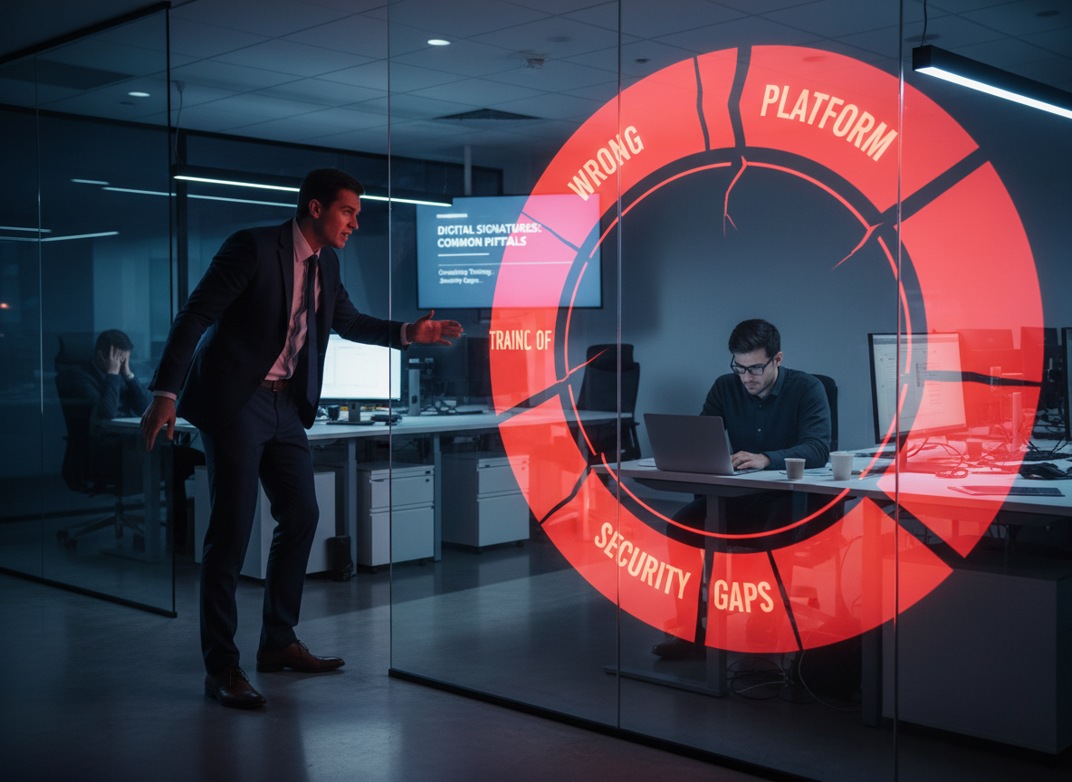 Broken workflow diagram showing common mistakes in digital signature implementation, including security gaps and lack of training.