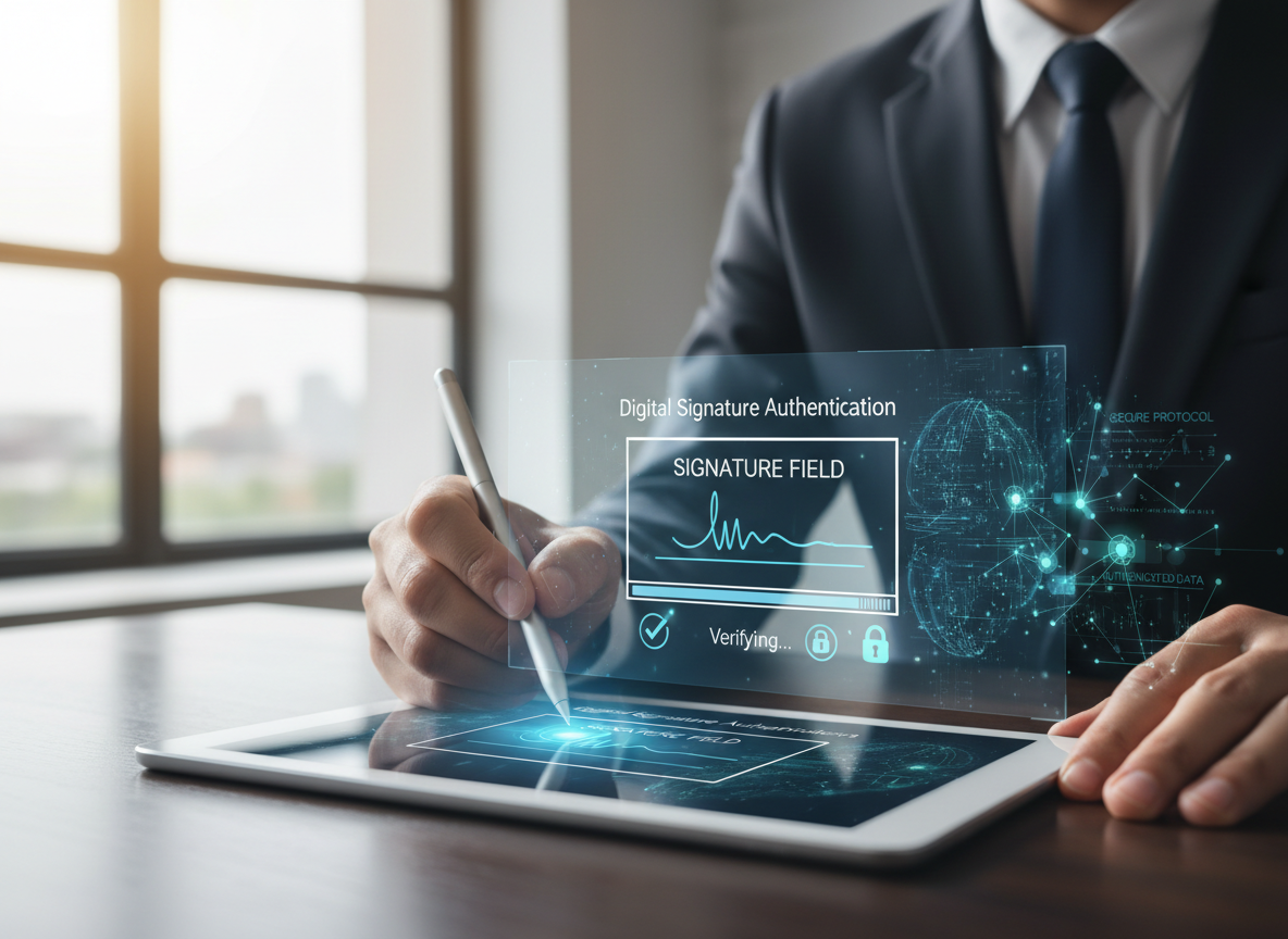 Close-up of a digital document being signed on a tablet, with holographic encryption visuals in the background.