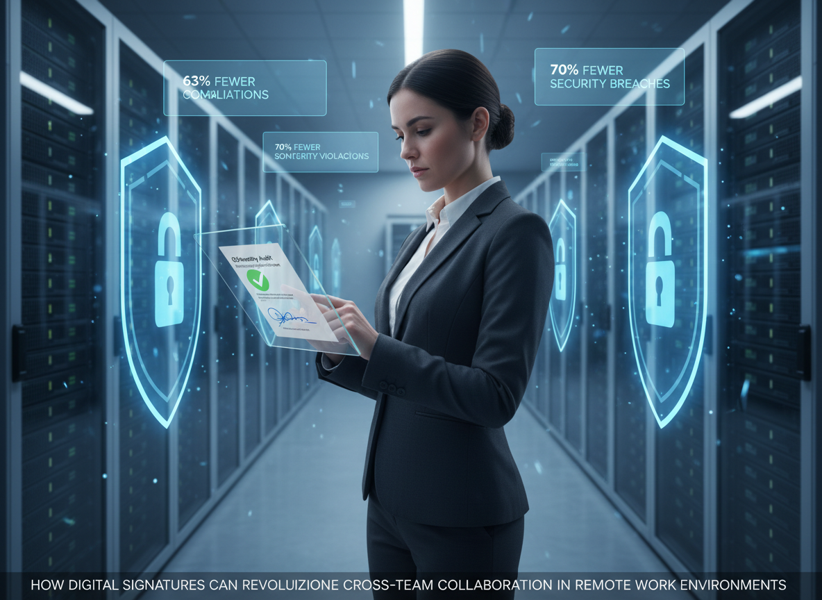 High-tech server room with a compliance officer reviewing a digitally signed document and holographic security icons.
