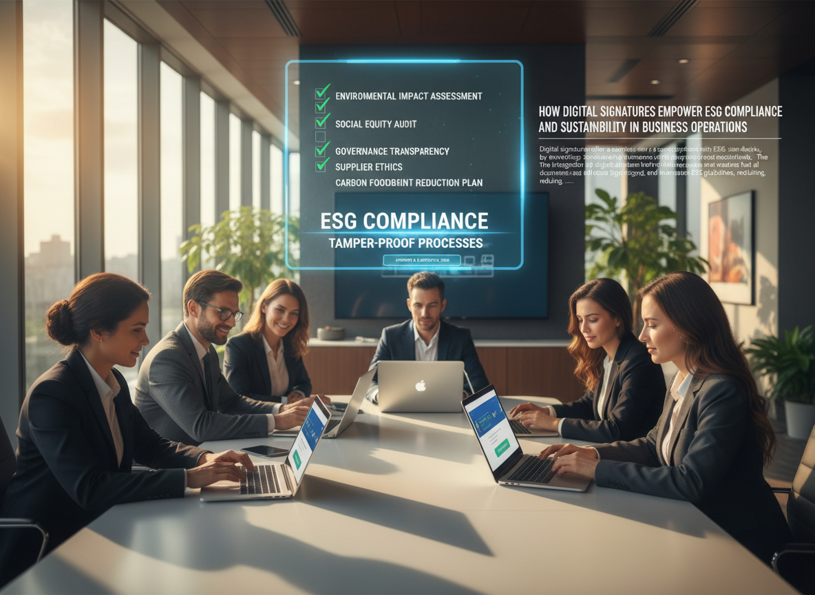 Office team using digital signatures with ESG compliance overlay, symbolizing secure and tamper-proof document management.