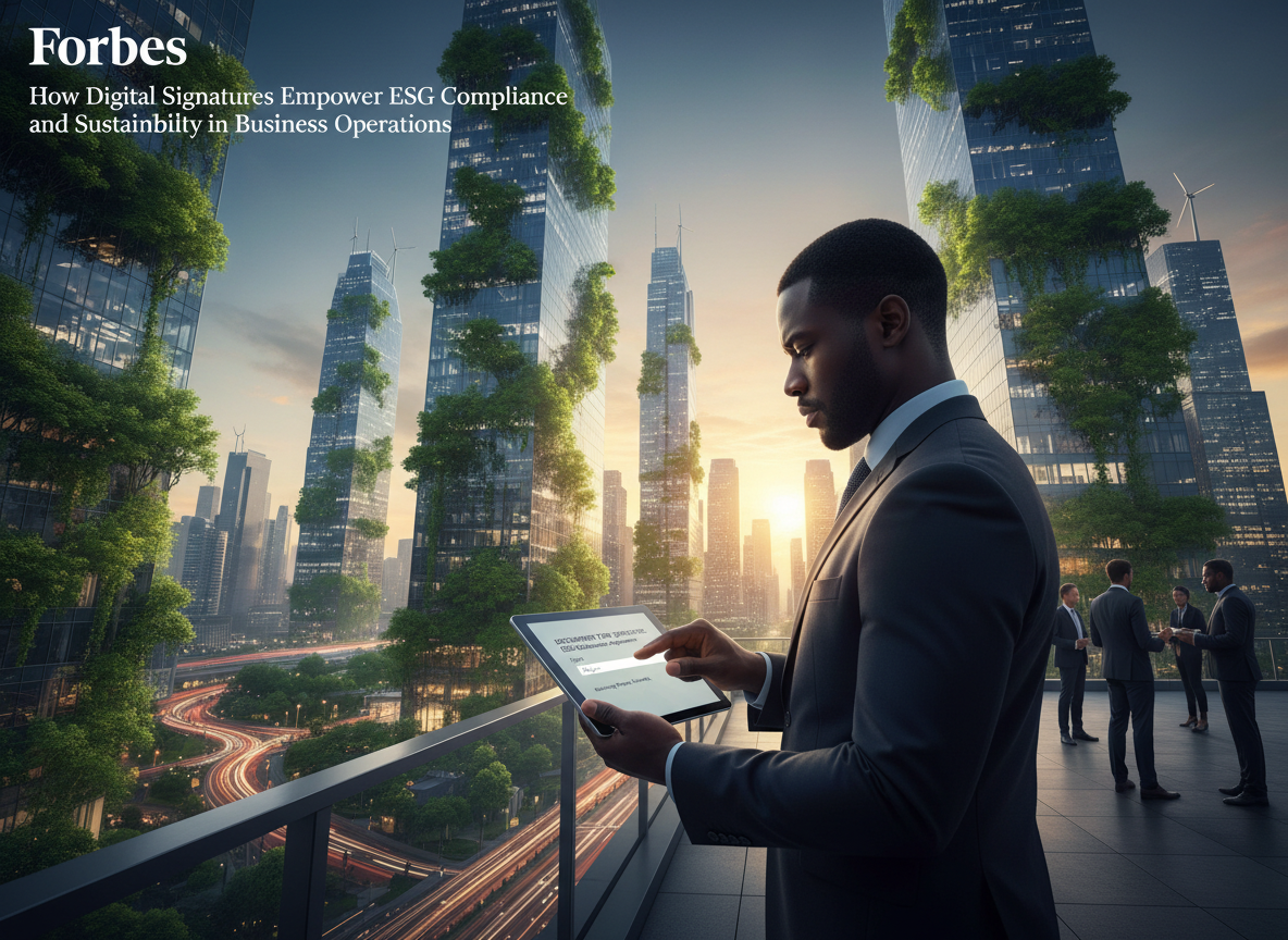 Cityscape with digital tree overlays and a professional using a tablet, representing reduced paper usage and sustainability.