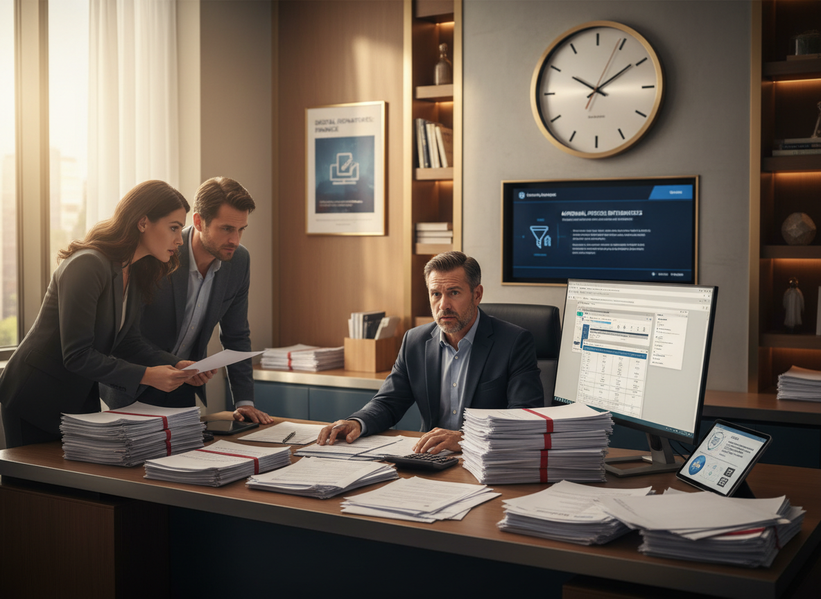 A loan officer in a bank office struggling with stacks of paperwork, conveying inefficiencies in traditional loan approval processes.