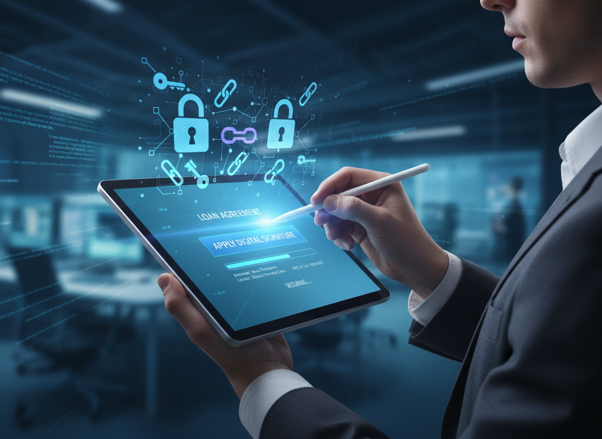A business professional digitally signing a document on a tablet with holographic encryption visuals representing security and efficiency.