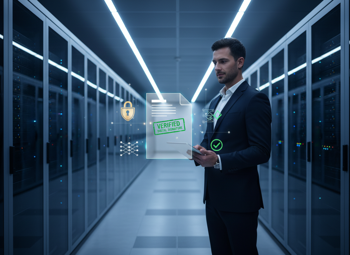 A verified digital signature stamp on a floating document in a secure server room, highlighting compliance and data protection benefits.