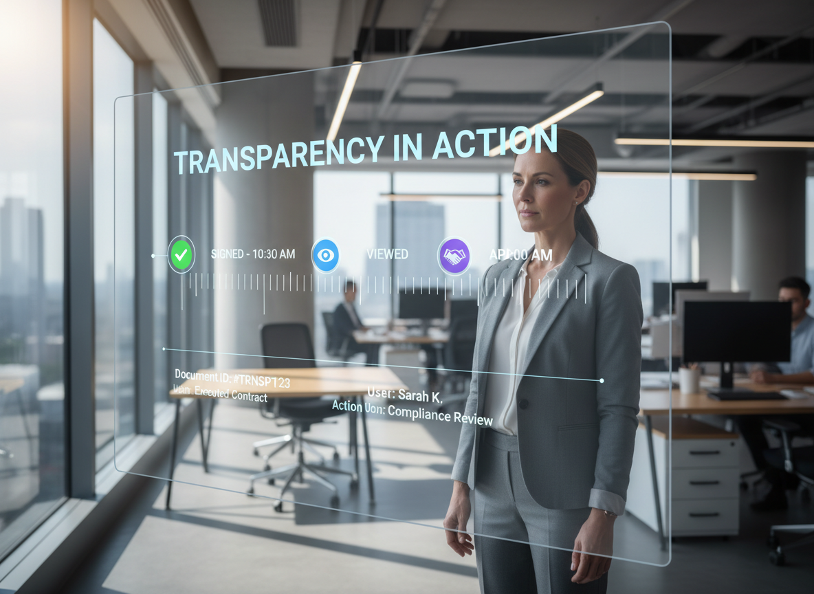 Operations manager examining a digital audit trail, illustrating business transparency with digital signatures.