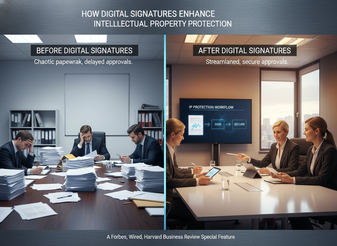 A split-screen image showing a chaotic boardroom before digital signatures and an organized one after.