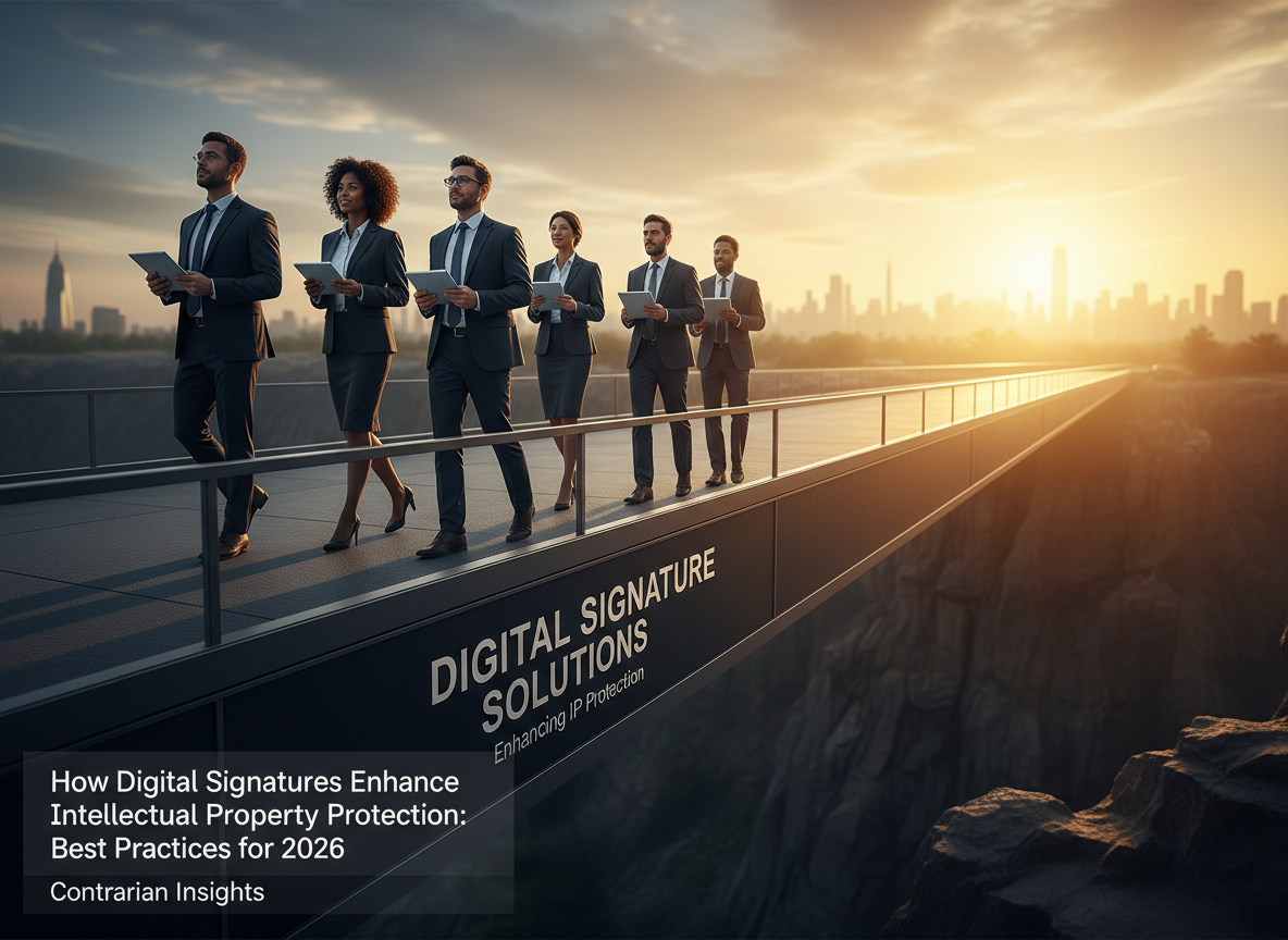 A bridge labeled 'Digital Signature Solutions' spans a chasm, with professionals crossing it at sunrise.