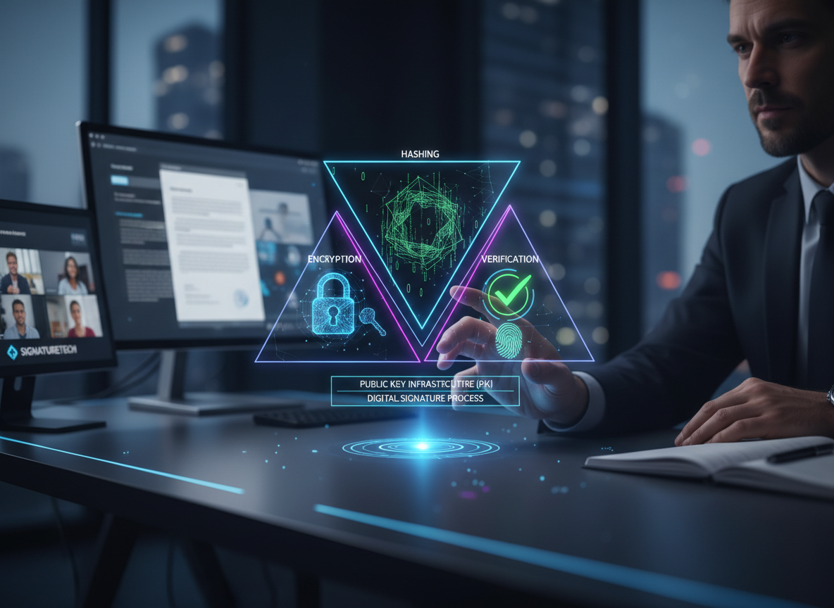 A futuristic holographic interface showing the digital signature process with steps labeled hashing, encryption, and verification.