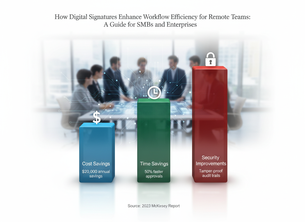 A 3D bar chart showing cost savings, time savings, and security improvements achieved through adopting digital signatures.