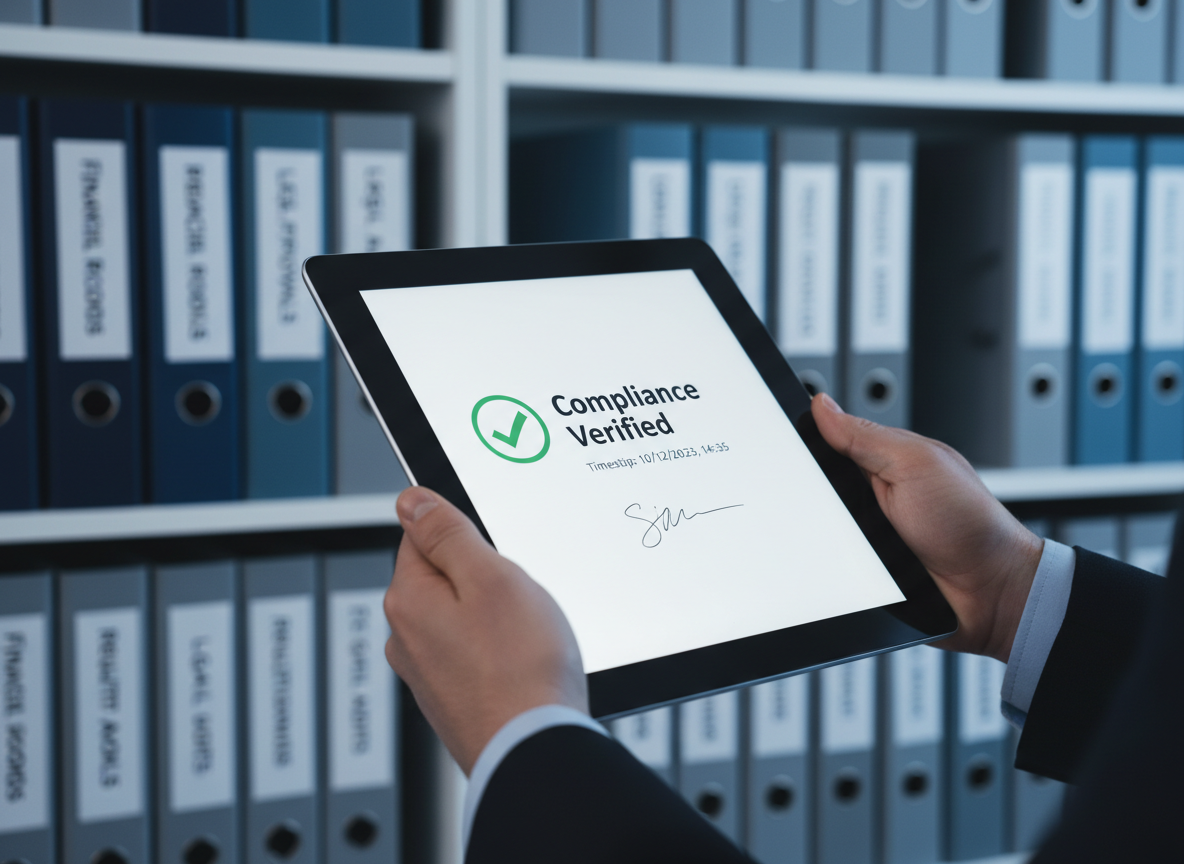 Regulatory office scene with a compliance officer reviewing a digitally signed and timestamped document on a tablet, illustrating strengthened compliance protocols.