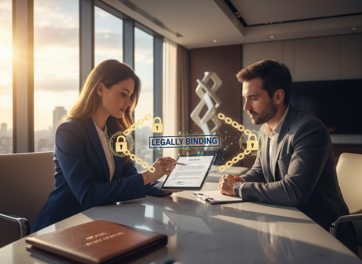 Real estate agent and client signing a digital property contract on a tablet, with holographic locks symbolizing tamper-proof security.