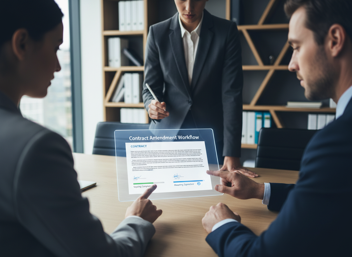 A modern office with professionals digitally signing a contract on a shared tablet, illustrating the streamlined process of contract amendments with digital signatures.