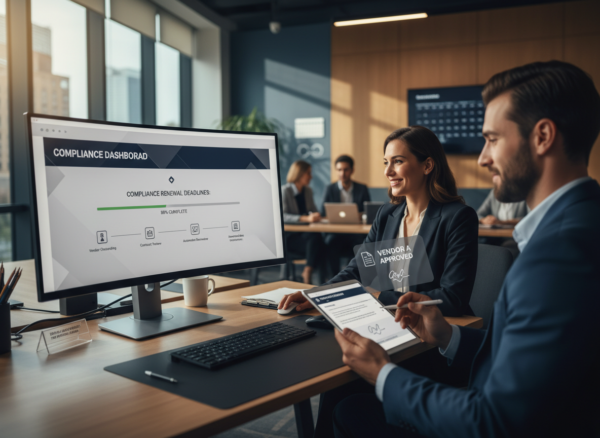 Modern workspace with compliance dashboard showing streamlined workflows and renewal deadlines being managed seamlessly.