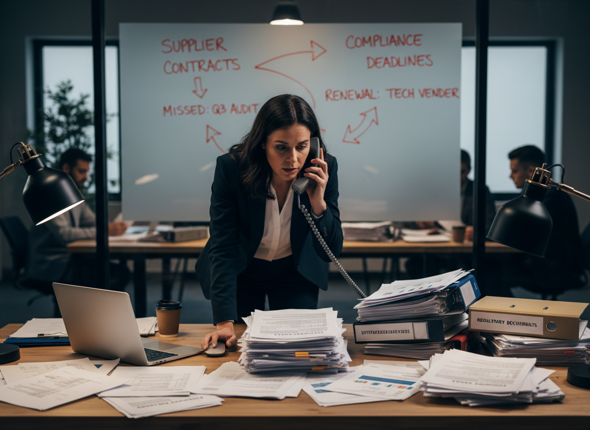 A cluttered office scene depicting the challenges of manual procurement processes for SMBs.