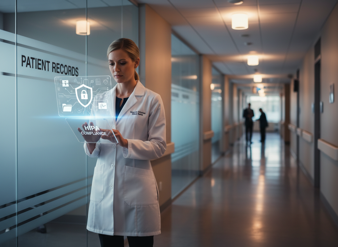 A hospital administrator reviews a tablet with holographic icons representing HIPAA compliance, including a lock, shield, and folder, in a modern hospital corridor.